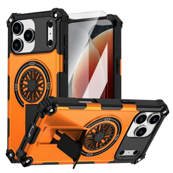 Dteck Case with Screen Protector for iPhone 17 Pro Max,Shockproof Rubber+PC Rugged Case Compatible with Mag Safe Ring Stand Cover for iPhone 17 Pro Max,Orange