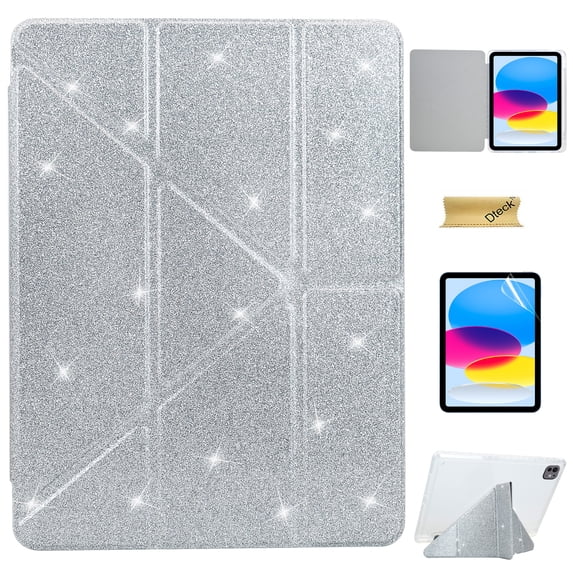 Dteck Case with Soft Screen Protector for iPad Pro 13 inch M4 2024,Bling Glitter Leather Case Built-in Pencil Holder Shockproof TPU Stand Cover for iPad Pro 13 inch 2024,Silver
