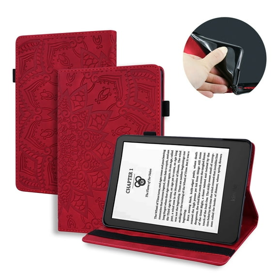 Dteck Case with Stand for Kindle Paperwhite 12th Gen 2024 Released (7") & Kindle Colorsoft Signature Edition, Anti-Slip Stand Embossed Leather Soft TPU Back Protective Cover with Elastic Strap, Red