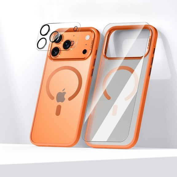 Dteck Case with Tempered Glass Screen Protector & Camera Lens Protector for iPhone 17 Pro ,Shockproof Translucent Matte TPU+PC Case Compatible with Mag Safe Magnetic Cover,Orange