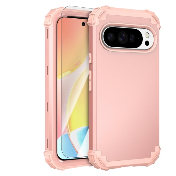Dteck Case with Tempered Glass Screen Protector for Google Pixel 10/10 Pro ,Shockproof 3 Layer Heavy Duty Silicone Bumper+Hard Plastic Hybrid Protective Cover,Rosegold