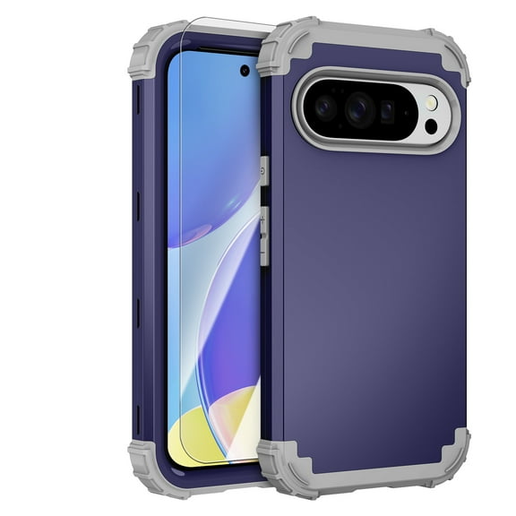 Dteck Case with Tempered Glass Screen Protector for Google Pixel 10/10 Pro ,Shockproof 3 Layer Heavy Duty Silicone Bumper+Hard Plastic Hybrid Protective Cover,Darkblue