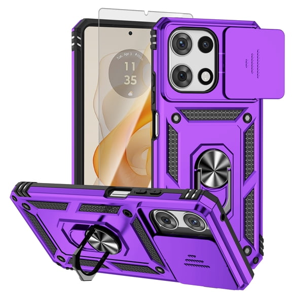 Dteck Case with Tempered Glass Screen Protector for Motorola Moto G Power 5G 2025,Shockproof TPU+PC Case Ring Holder Kickstand Slide Camera Lens Protector Cover for Moto G Power 5G 2025,Purple