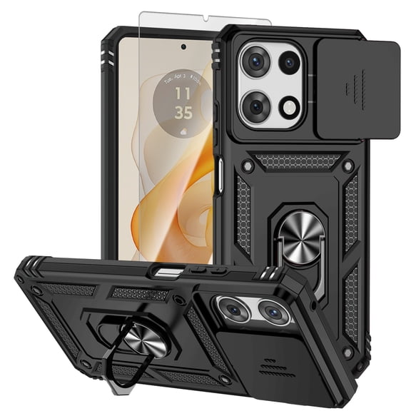 Dteck Case with Tempered Glass Screen Protector for Motorola Moto G Stylus 5G 2025,Shockproof TPU+PC Case Ring Holder Kickstand Slide Camera Lens Protector Cover for Moto G Stylus 5G 2025,Black
