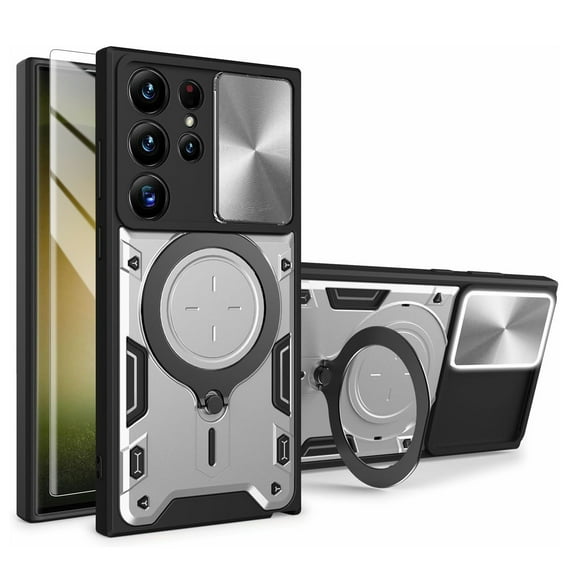 Dteck Case with Tempered Glass Screen Protector for Samsung Galaxy S25 Plus,Built-in Kickstand Magnetic Rotate Ring Holder Heavy Duty TPU+PC Shockproof Cover for Galaxy S25 Plus,Silver