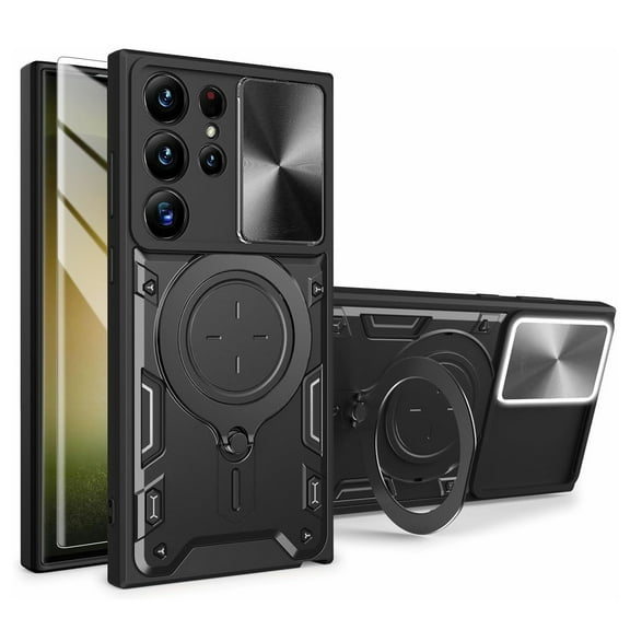 Dteck Case with Tempered Glass Screen Protector for Samsung Galaxy S25 Ultra,Built-in Kickstand Magnetic Rotate Ring Holder Heavy Duty TPU+PC Shockproof Cover for Galaxy S25 Ultra,Black
