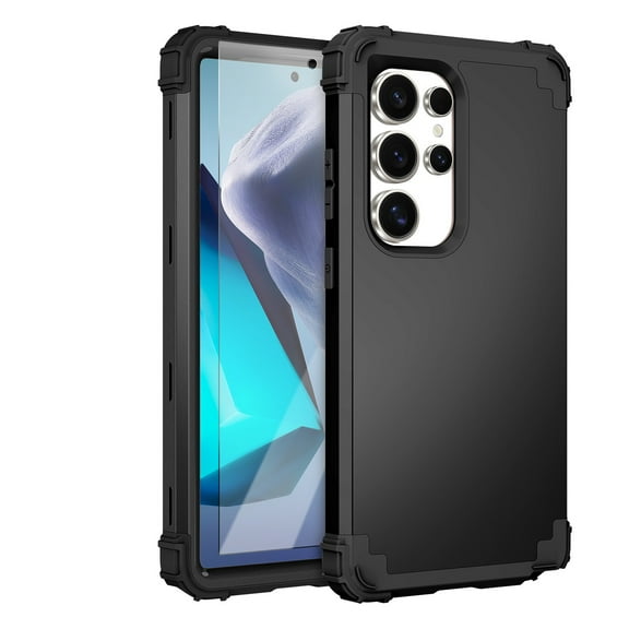 Dteck Case with Tempered Glass Screen Protector for Samsung Galaxy S25 Ultra ,Shockproof 3 Layer Heavy Duty Soft Silicone Rubber Bumper+Hard Plastic Hybrid Protective Cover,Black