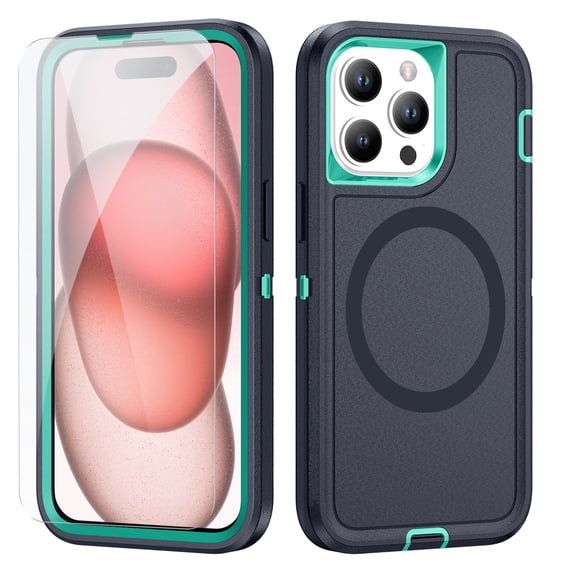 Dteck Case with Tempered Glass Screen Protector for iPhone 14 Pro Max,Shockproof Rubber Case Compatible with MagSafe Hybrid PC Full Body Protection Cover,Navy+Mint