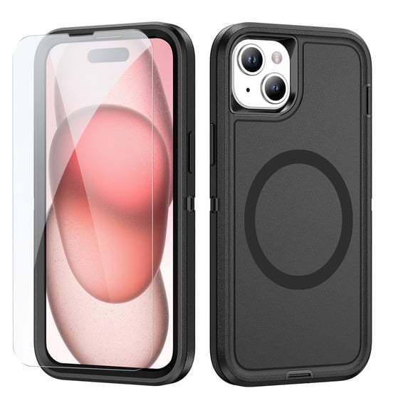 Dteck Case with Tempered Glass Screen Protector for iPhone 15 Plus,Shockproof Rubber Case Compatible with MagSafe Hybrid PC Full Body Protection Cover,Black