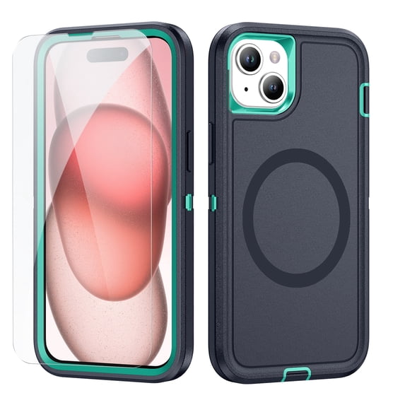 Dteck Case with Tempered Glass Screen Protector for iPhone 15 Plus,Shockproof Rubber Case Compatible with MagSafe Hybrid PC Full Body Protection Cover,Navy+Mint
