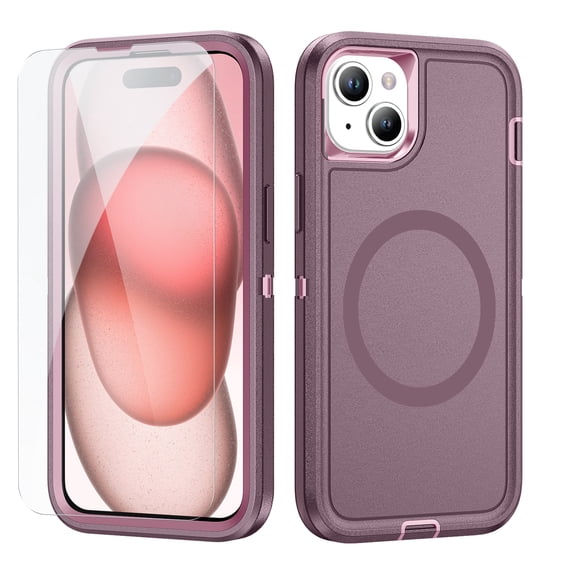 Dteck Case with Tempered Glass Screen Protector for iPhone 15 Plus,Shockproof Rubber Case Compatible with MagSafe Hybrid PC Full Body Protection Cover,Purple