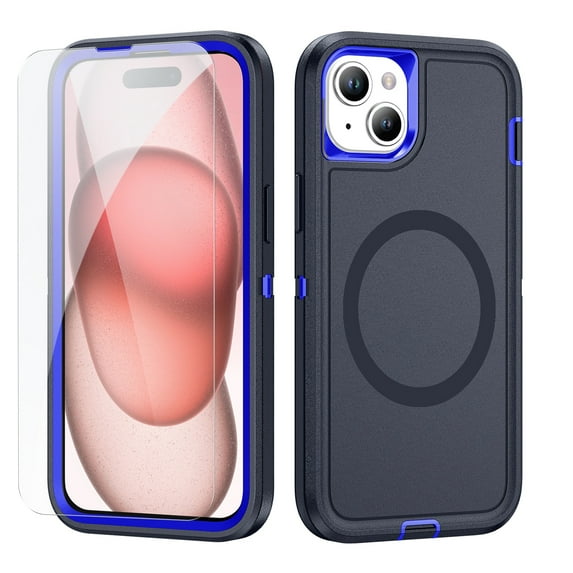 Dteck Case with Tempered Glass Screen Protector for iPhone 15 Plus,Shockproof Rubber Case Compatible with MagSafe Hybrid PC Full Body Protection Cover,Navyblue