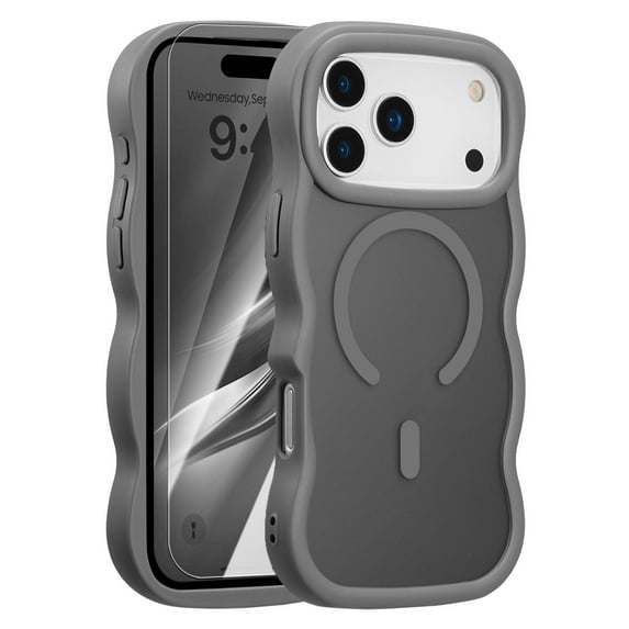 Dteck Case with Tempered Glass Screen Protector for iPhone 17 Pro Max ,Shockproof Matte Translucent PC+TPU Compatible with Mag Safe Cute Wave Frame Design Case Cover ,Gray