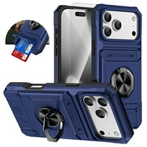 Dteck Case with Tempered Glass Screen Protector for iPhone 17 Pro,Shockproof TPU PC Card Holder Wallet Case Ring Stand Anti Slip Back Cover for iPhone 17 Pro,Blue