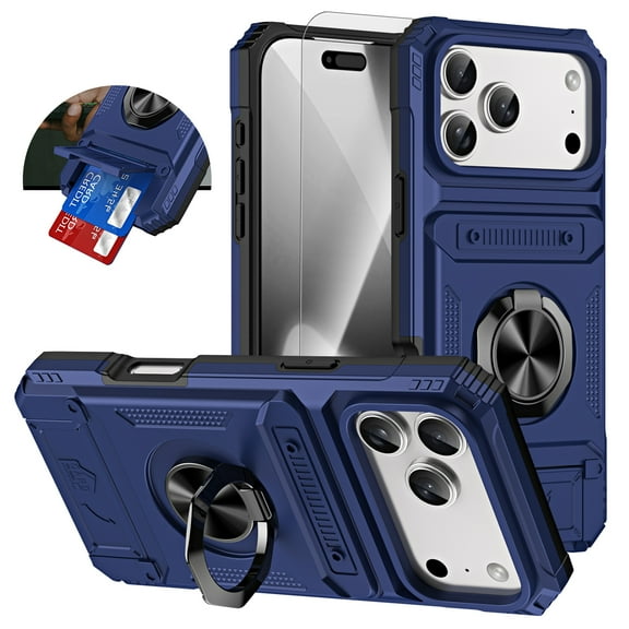 Dteck Case with Tempered Glass Screen Protector for iPhone 17 Pro,Shockproof TPU+PC Card Holder Wallet Case Ring Stand Anti Slip Back Cover for iPhone 17 Pro,Blue