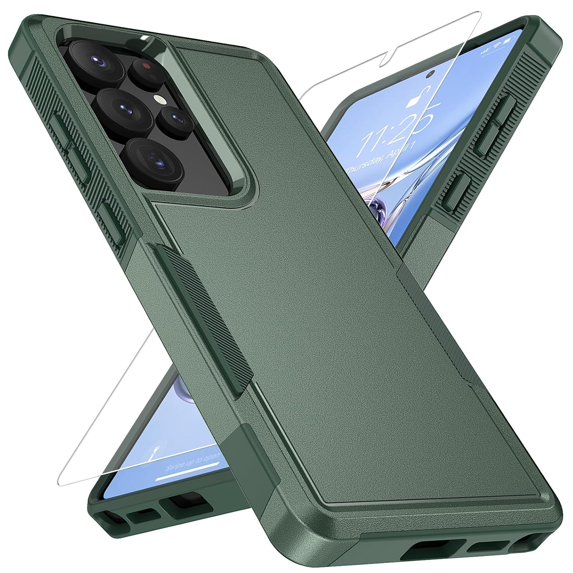 Dteck Case with Tempered Screen Protector for Samsung Galaxy S25,Shockproof TPU+PC Case Anti-Slip Protective Shell Back Cover for Galaxy S25,Darkgreen