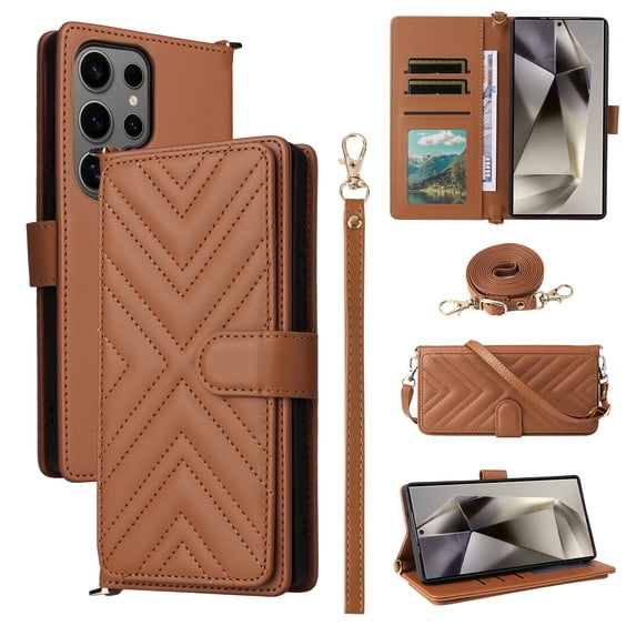 Dteck Case Wallet for Samsung Galaxy S24 Ultra, Women PU Leather Cell Phone Cases with 6 Credit Card Holder Kickstand Adjustable Shoulder Strap Flip Cover, Brown