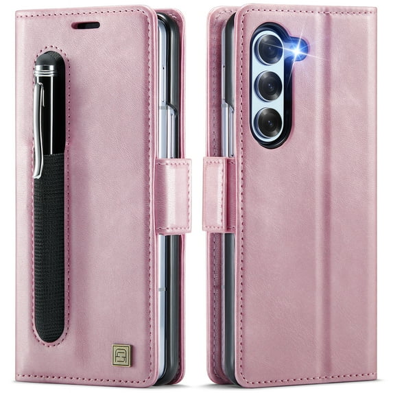 Dteck Case Wallet for Samsung Galaxy Z Fold 5 with S Pen Holder, PU Leather Flip Folio Card Slots Kickstand Phone Cover for Galaxy Z Fold 5,Rosegold