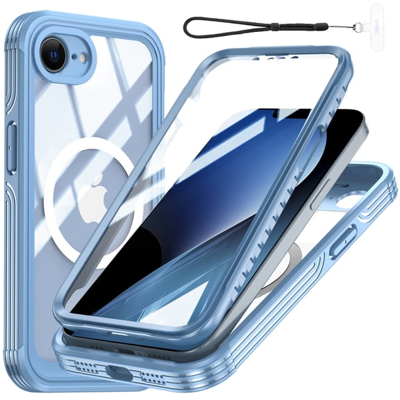Dteck Case with Wrist Strap for iPhone 16e,360° Full Body Case Built-in HD Touch Sensitive Screen Protector Compatible with MagSafe Shockproof Clear Back Cover for iPhone 16E,,Blue