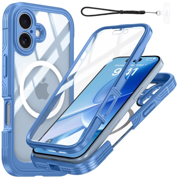 Dteck Case with Wrist Strap for iPhone 17,360° Full Body Case Built-in HD Touch Sensitive Screen Protector Compatible with MagSafe Shockproof Clear Back Cover,Blue