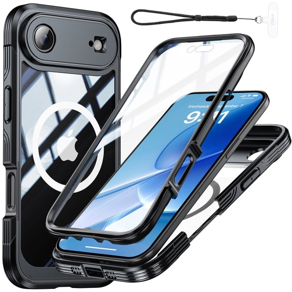Dteck Case with Wrist Strap for iPhone Air,360° Full Body Case Built-in HD Touch Sensitive Screen Protector Compatible with MagSafe Shockproof Clear Back Cover,Black
