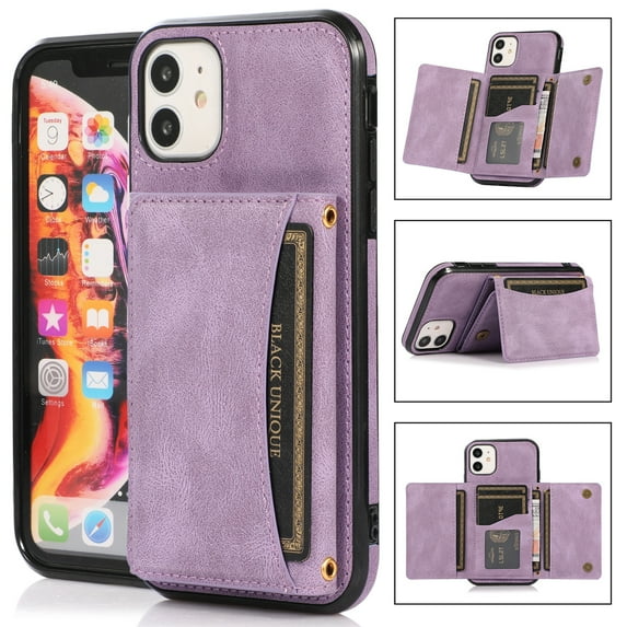 Dteck Case for Apple iPhone 11 6.1-inch,Shockproof Rubber Case Card Holder Wallet Hybrid Leather Kickstand Protector Cover for iPhone 11,Purple