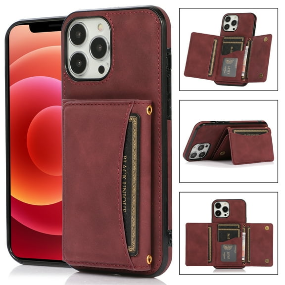 Dteck Case for Apple iPhone 12 6.1-inch,Shockproof Rubber Case Card Holder Wallet Hybrid Leather Kickstand Protector Cover for iPhone 12 Pro,Winered