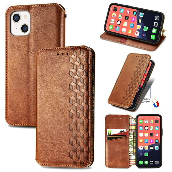 Dteck Case for Apple iPhone 13 6.1-inch,Luxury Leather Card Holder Wallet Hybrid Rubber Flip Magnetic Case Kickstand Protective Phone Cover,Brown