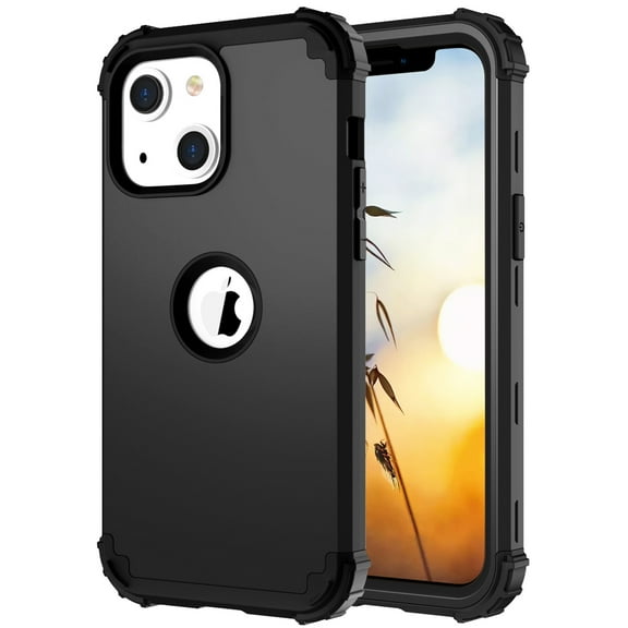 Dteck Case for Apple iPhone 13 6.1-inch,Shockproof Rubber Case 3-Layer Protection Armor Hybrid Hard Phone Back Cover for iPhone 13,Black