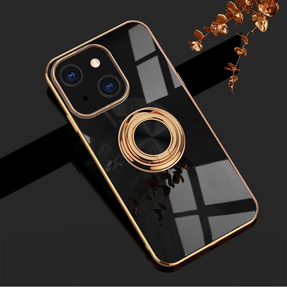 Dteck Case for Apple iPhone 13 6.1-inch,Shockproof Rubber Slim Case Plating Soft TPU Ring Holder Magnetic Kickstand Protective Back Phone Cover,Black