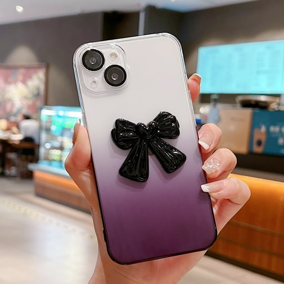 Dteck Case for Apple iPhone 13,Camera Lens Protection Luxury Gradient Color Transparent Back with Bow Tie PC Phone Case for Women Girl,Black