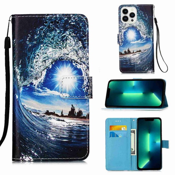 Dteck Case for Apple iPhone 14 Pro Max, 3D Stylish Painting PU Leather Wrist Strap Card Cash Slots Stand Feature Flip Cases Cover,Wave