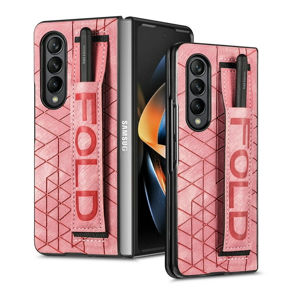 Dteck Case for Galaxy Z Fold4 5G, Shockproof Protective PU Leather with S Pen Holder Viewing Stand Flip Folio Wrist Strap Cover, Pink