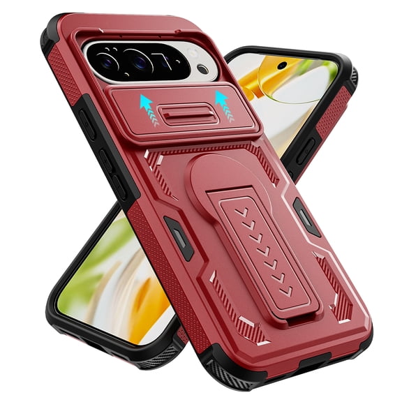 Dteck Case for Google Pixel 10 /10 Pro, Camera Cover Sliding Design, Drop Protection Shockproof Rugged Phone Cover with Kickstand,Red