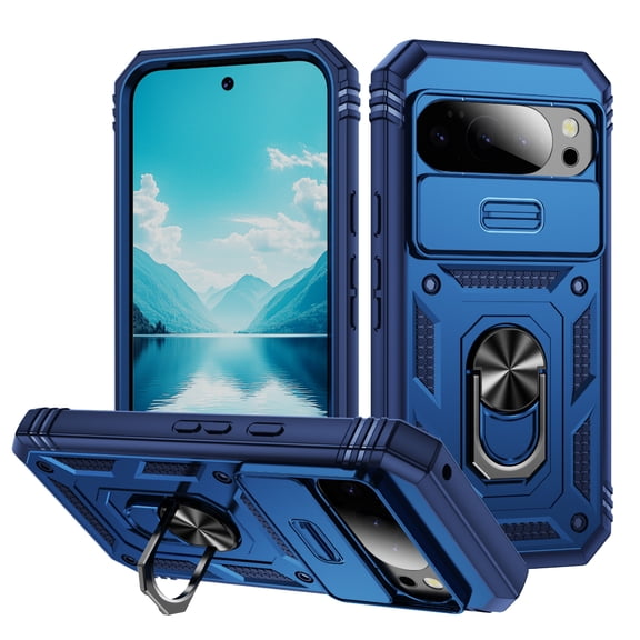 Dteck Case for Google Pixel 10 Pro XL,Shockproof TPU+PC Case Ring Holder Kickstand Sliding Lens Cover,Navyblue