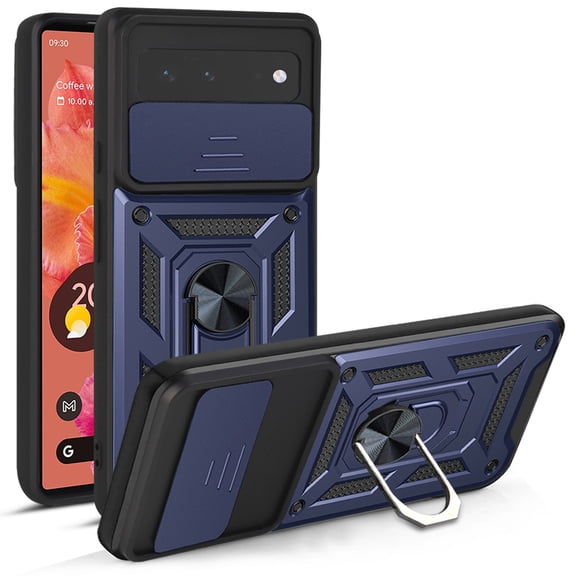 Dteck Case for Google Pixel 6 2021 Case with Camera Cover Kickstand, Slide Lens Cover Rotate Ring Stand Impact-Resistant Protective Cover, Blue
