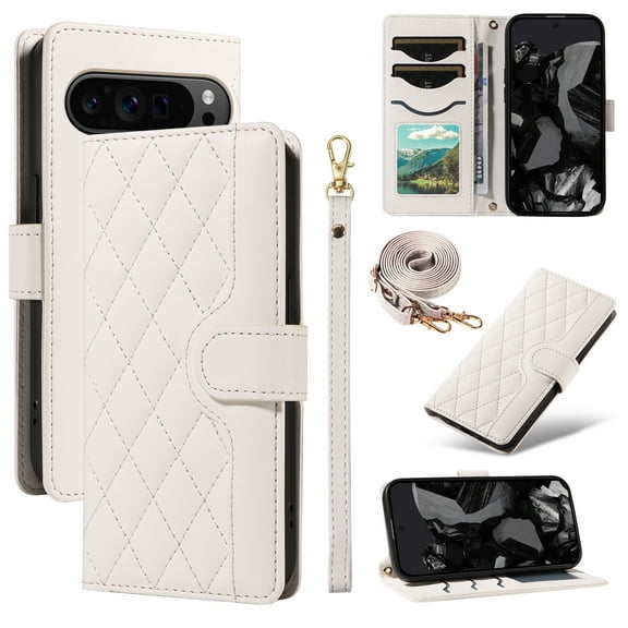 Dteck Case for Google Pixel 8 Pro Wallet Cover PU Leather Flip Folio Phone Case with Card Holder and Wrist Strap Wallet Protective Cover, White