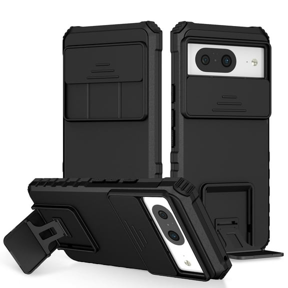 Dteck Case for Google Pixel 8, Shockproof With Slide Camera Foldable Kickstand Protective Rugged Hard PC TPU Bumper Slim Fit Cover,Black