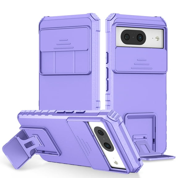 Dteck Case for Google Pixel 8, Shockproof With Slide Camera Foldable Kickstand Protective Rugged Hard PC TPU Bumper Slim Fit Cover,Purple
