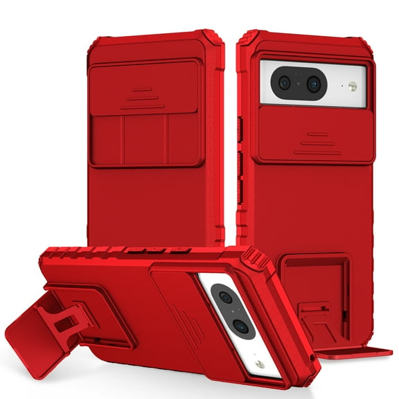 Dteck Case for Google Pixel 8, Shockproof With Slide Camera Foldable Kickstand Protective Rugged Hard PC TPU Bumper Slim Fit Cover,Red