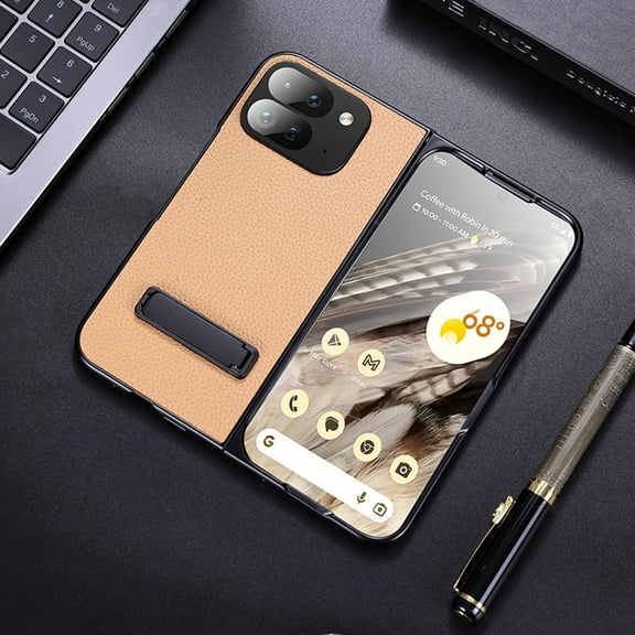 Dteck Case for Google Pixel 9 Pro Fold 5G (2024), Built-in Kickstand Luxury Texture Leather+PC Bumper Protective Cover for Pixel 9 Pro Fold,Khaki