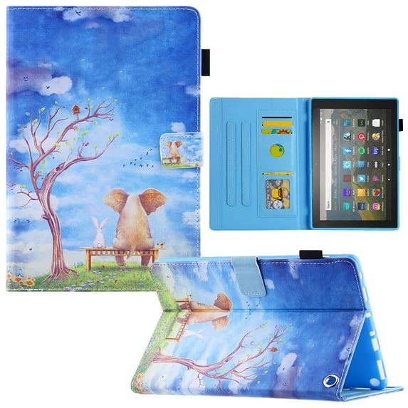 Dteck Case for Kindle Fire 7 12th Generation 2022 Auto Wake Sleep Stylish Pattern Folio Flip Stand Case with Card Slots,Elephant Rabbit