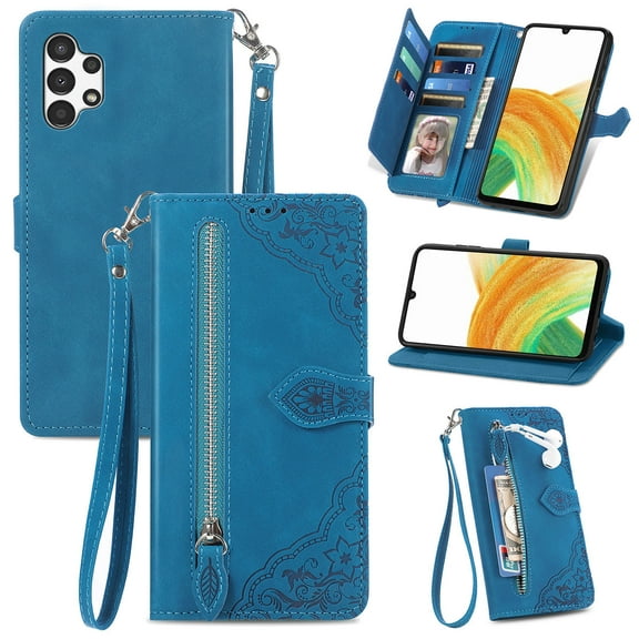 Dteck Case for Samsung Galaxy A13 4G,Magnetic Leather 7 Card Slots Zipper Wallet Case Shockproof Rubber Kickstand Cover with Wrist Strap,Blue