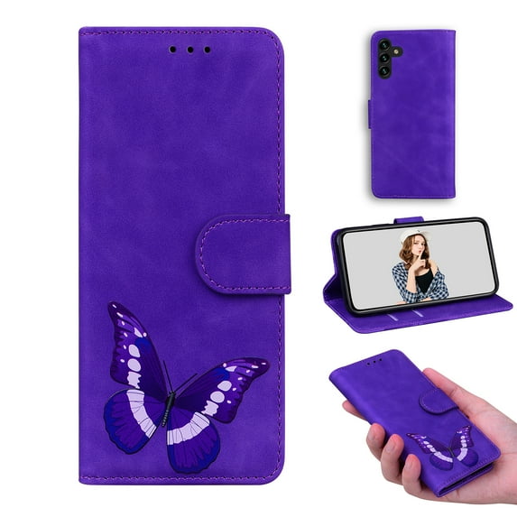 Dteck Case for Samsung Galaxy A13 5G,Magnetic Leather Butterfly Pattern Case Card Pocket Kickstand Wallet Hybrid Rubber Cover,Purple