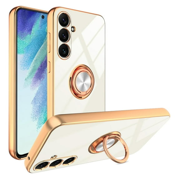 Dteck Case for Samsung Galaxy A15 5G,Shockproof Electroplated Plating TPU Ring Holder Stand Case Magnetic Slim Cover for Galaxy A15, White