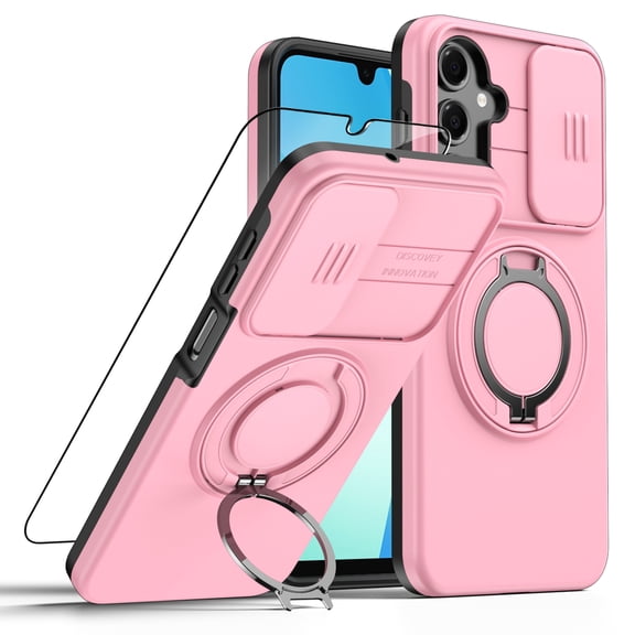 Dteck Case for Samsung Galaxy A17 5G with Magnetic Ring Stand Screen Protector Movable Camera Lens Shield Dual Layer Rugged Bumper,Pink