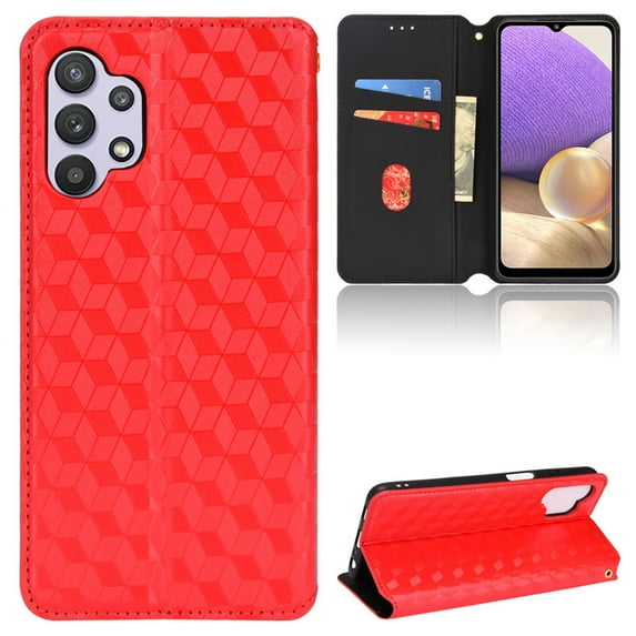 Dteck Case for Samsung Galaxy A32 5G,Magnetic Leather Pattern Card Holder Wallet Case Hybrid Rubber Protective Kickstand Cover,Red