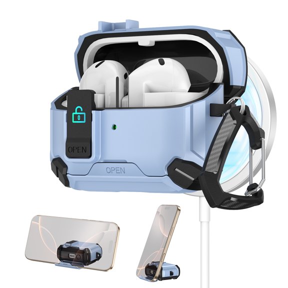 Dteck Case for Samsung Galaxy Buds 3 / Buds Pro, Full Body Shockproof Hard Shell Protection Design,with Secure Lock Clip & Phone Stand,Light Blue