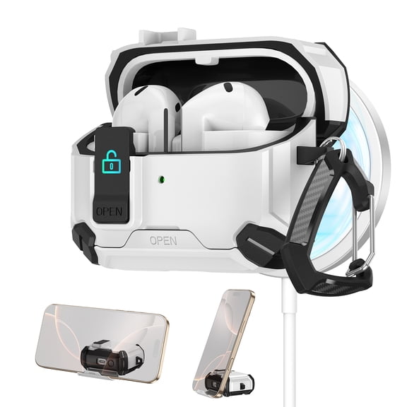 Dteck Case for Samsung Galaxy Buds 3 / Buds Pro, Full Body Shockproof Hard Shell Protection Design,with Secure Lock Clip & Phone Stand,White Black