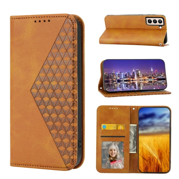 Dteck Case for Samsung Galaxy S22 Plus,Magnetic Leather Card Slots Wallet Case Shockproof Rubber Kickstand Cover with Wrist Strap,Yellow